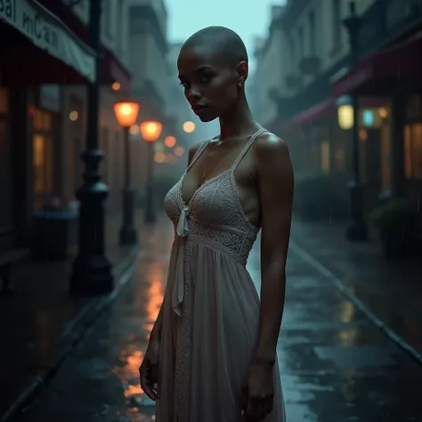 a beautiful woman with short shaved head wearing a lace nightdress standing on a rainy city street, extremely detailed portrait, photorealistic, 8k, high quality, dramatic lighting, moody atmosphere, cinematic composition