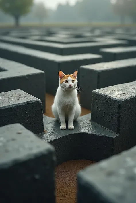 A cat sits inside a perfectly symmetrical, rigid maze made of stone or metal, representing traditional structures or expectations. Instead of following the clear paths laid out for it, the cat effortlessly leaps over the walls or walks along the edges, mov...