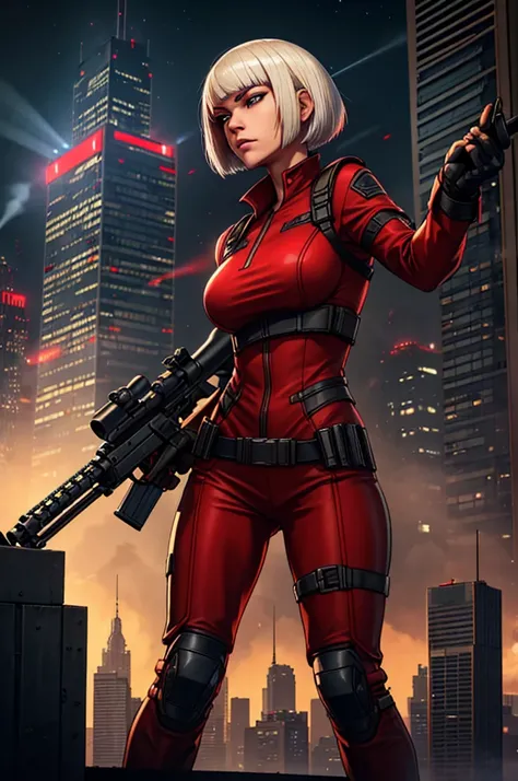 A female mercenary in a red dress, platinum blonde bob-cut hair, wielding an LMG on an urban rooftop. Aiming down at distant enemies in a tense sniper duel. City skyline in the background, glowing lights from buildings. Dynamic action pose, rooftop debris ...