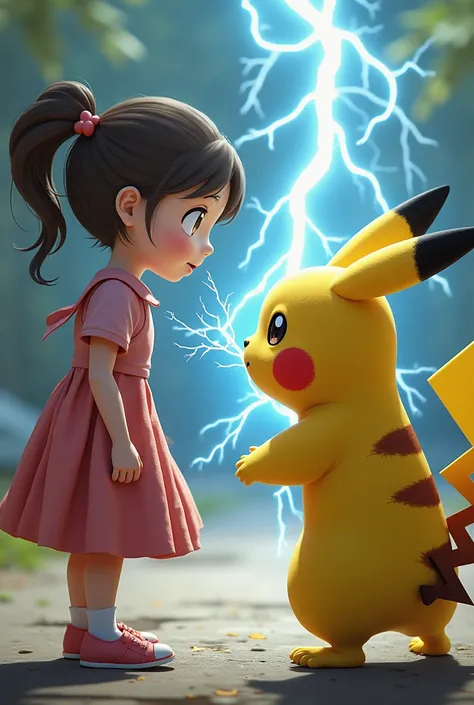 Pikachu attacks a girl, Pikachu fires an electric shock at the girl, the girl is charred by Pikachus attack, and her clothes are torn.