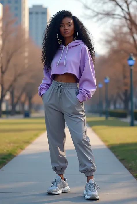 A curvaceous Black woman wearing a cropped lavender hoodie with slim-fit joggers in soft gray, paired with silver chunky sneakers. She finishes the look with large hoop earrings. Her hair is styled in long twists. The backdrop is a quiet, urban park on a c...