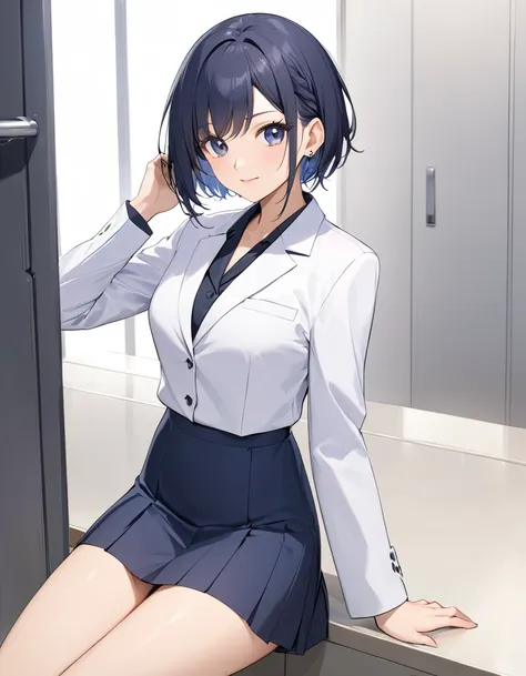 A career woman, 3, wearing a suit、Hairstyle: Short Hair Permanent、Navy blue skirt underneath
