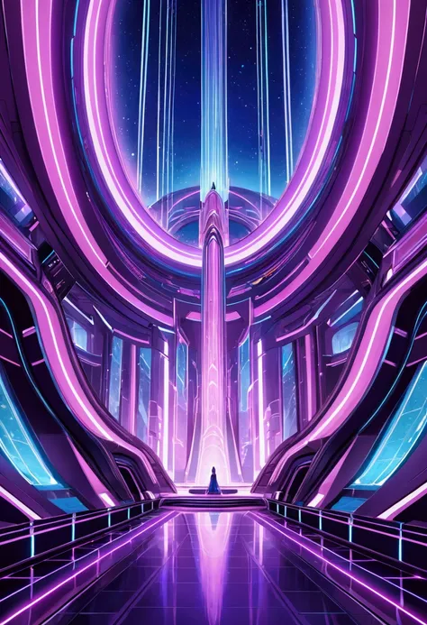 A scifi scenario with cascade vibrant lights in pink blue purple