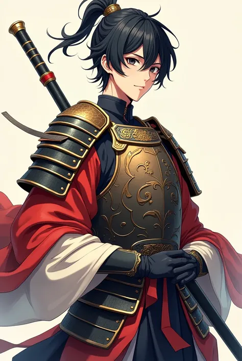 Create an anime style singular image facing camera of one 2 guy called sunny wearing traditional Armor similar to samurai hakama who despite of his age looks to be in his late teenage, he have raven black hair, black pupils, and a healthy ivory skin tone, ...