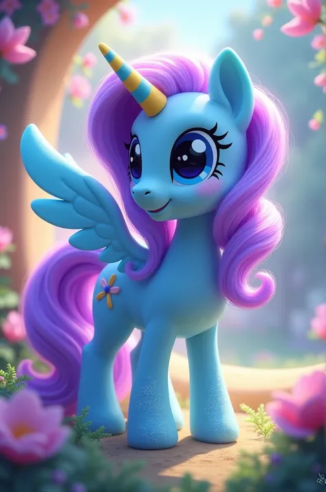 Un poni de my little pony, light blue with purple and yellow hair with wings and horn 