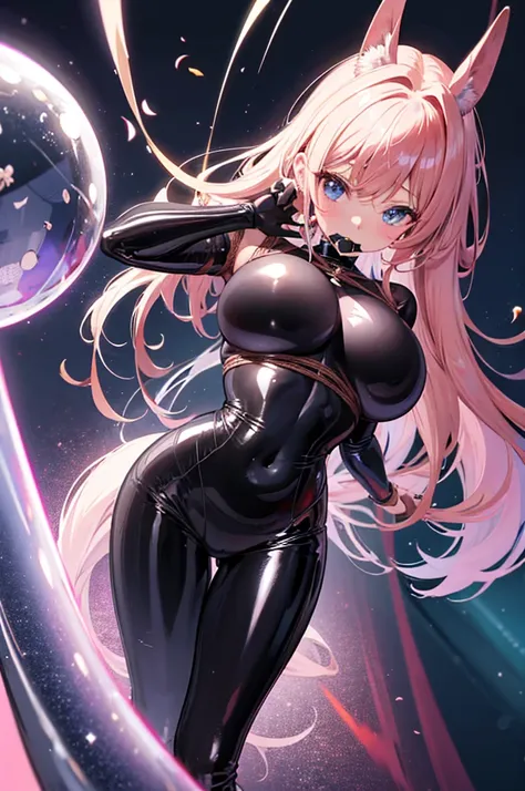 An anime girl with big breasts got kinbaku bondage and ball gagged in a shiny latex suit.