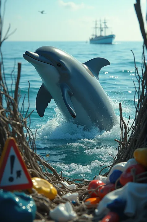 Ocean pollution have dolphin rubbish, boat and danger signboard 