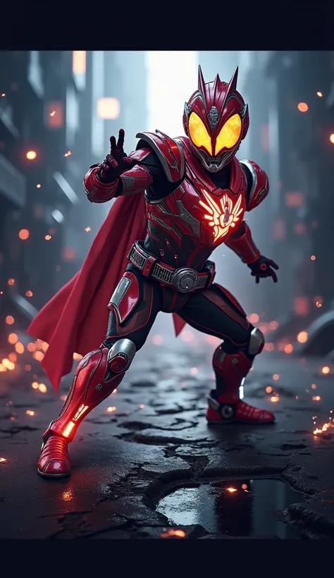 Kamen rider faiz, rider, Full body shot, Super detailed, 8k, Real photo, Impressive lighting, dynamic action pose, science fiction setting, Brilliant energy effect, red and silver color palette, complex costume design, advanced technology, heroic and power...