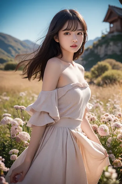 Dried flower、Beautiful Japanese Girls。、high qualityな女性像を演出。She has her own fashion style、Against the backdrop of a fantastic and magical landscape.、Pastel colors and abstract elements interwoven。Her pose is sophisticated.、Gives a natural and dynamic feel。L...