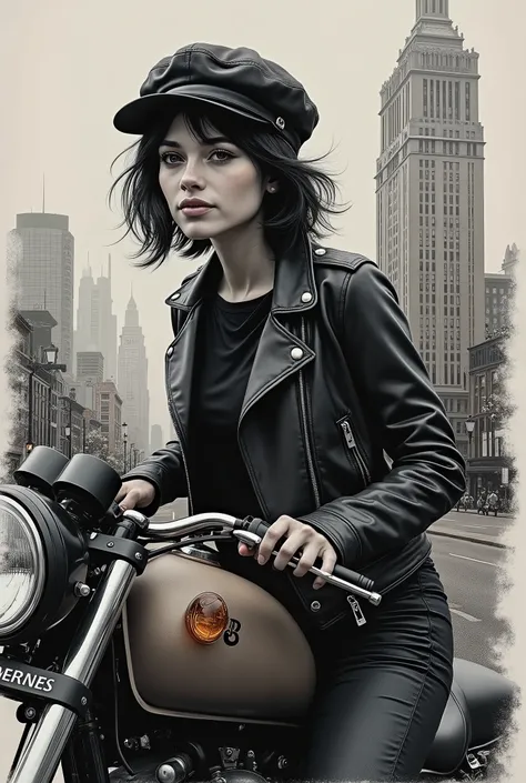 A stunning hyper-realistic charcoal artwork by T Mann, showcasing Maeve, a 2 girl with dark hair and a newsboy cap. She is casually posed with a half-cut leather jacket, leaning on her motorcycle. The background features a captivating cityscape with toweri...