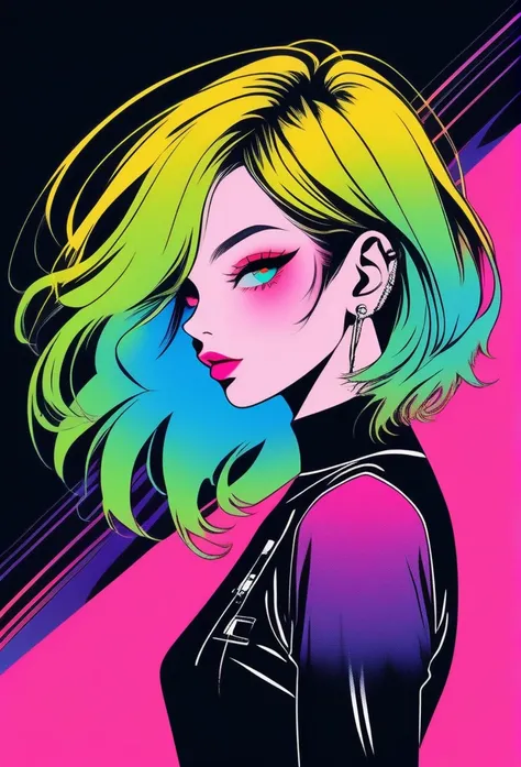 ((illustrator)), flat color, stylish, sketch, 1girl,rockstar,cool, shiny lip, jersey wear, order, very modern stylish asymmetry hair, gothic boho style((gradient)) background, neon hair, textured crop, (masterpiece, best quality), portrait, ((dynamic angle...