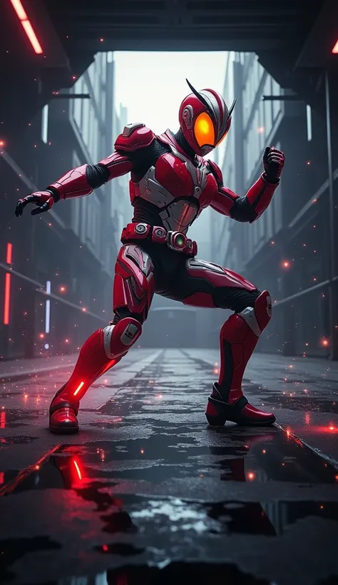 Kamen rider faiz, rider, Full body shot, Super detailed, 8k, Real photo, Impressive lighting, dynamic action pose, science fiction setting, Brilliant energy effect, red and silver color palette, complex costume design, advanced technology, heroic and power...