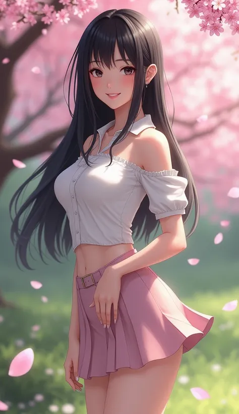 Prompt 1: A beautiful Japanese girl with long, straight black hair, wearing a pastel-colored mini skirt and a white blouse. She is standing in a sakura garden with petals falling around her.
High resolution, accurate, masterpiece, Anatomically correct, 最hi...