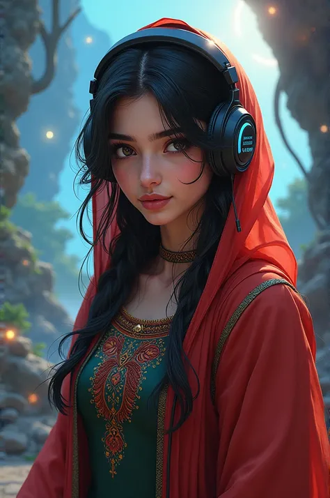 Make me a Pakistani gamer girl with fantasy theme background profile picture 