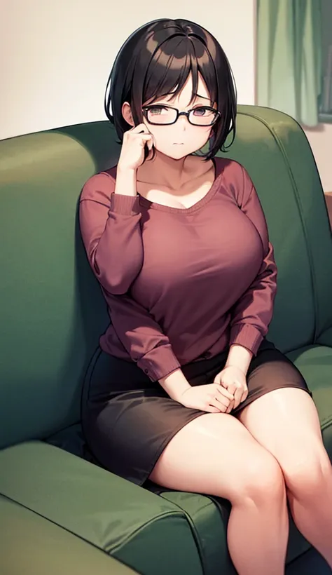 Chubby mature woman wearing glasses、Mother、Plain short black hair、Sitting on the sofa in the living room at night、Treated poorly, she looks sad and sheds tears.、solo、High resolution ,Highest quality、One woman, 