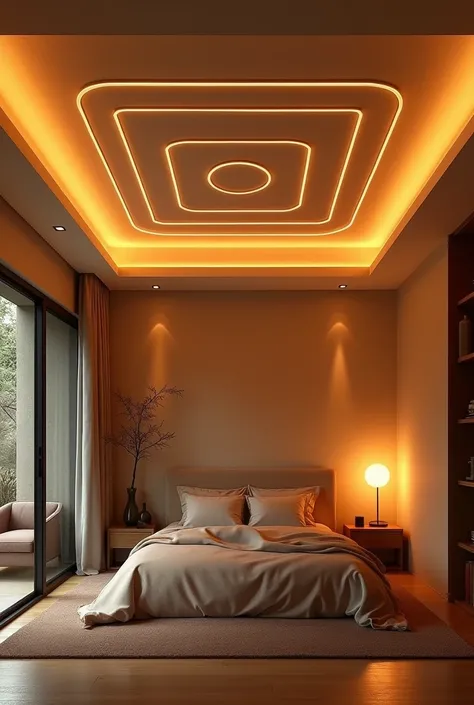 A modern minimalistic ceiling design made up of chalk with LED lights and warm lights for the room of 12x12 sqfeet with a creative and meaningful design