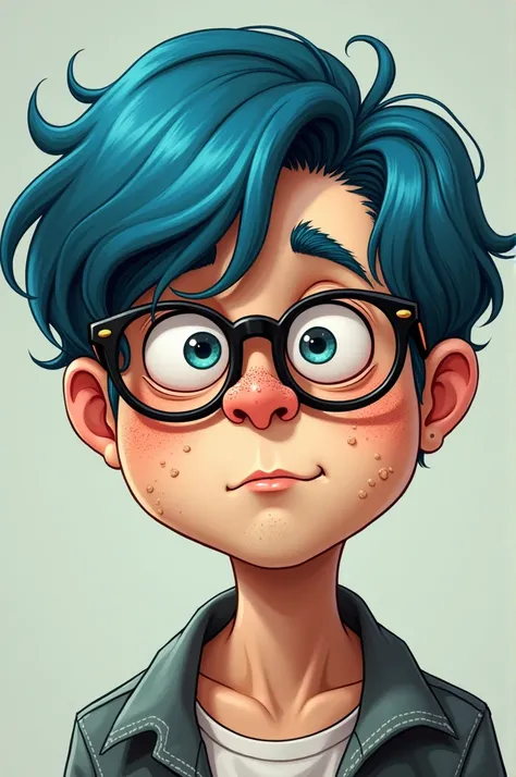 An ugly young man with nerd glasses and bulging eyes. Blue hair bowl cut hairstyle. Lots of pimples and really looks like a loose