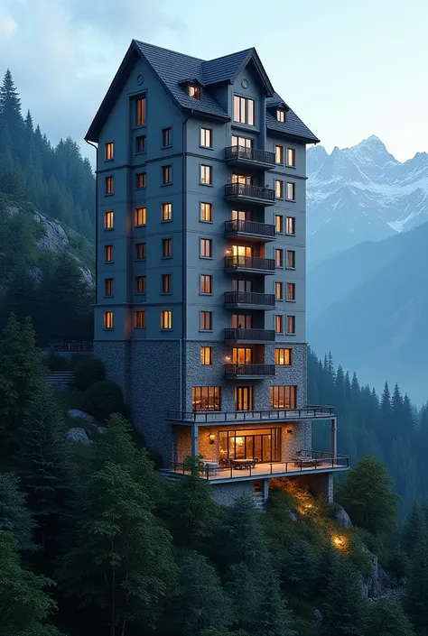 apartment building on a hilly area with forest and mountains and apartments on each floor and lights on in the evening and gabbled roof top with 8 story high with a broad front facade


 