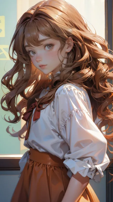 4K Anime girl, long wavy chestnut brown hair (#8B4513), warm brown eyes, cheerful expression, operating an elegant wooden console with brass accents, holographic screens tinted in warm sepia tones, antique grandfather clock showing early morning time, sun ...