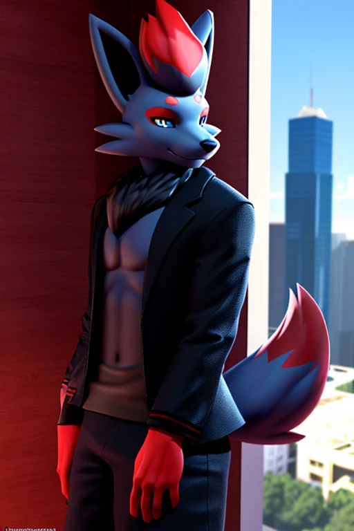 work of art, high qualiy, 4k, beautiful design, ablaze, furry, zorua, male, waering a blazer, showing the chest, extremely detai...