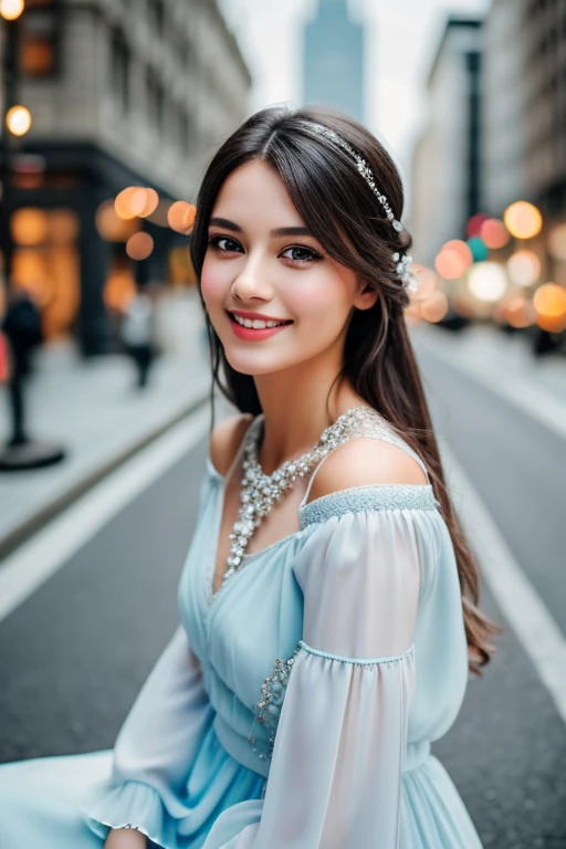 A beautiful woman with long blue hair, dressed in an elegant white and light blue outfit, sitting in an ethereal winter wonderland, surrounded by glowing crystals and delicate flowers, soft lighting, highly detailed fabric textures, dreamy and serene atmos...