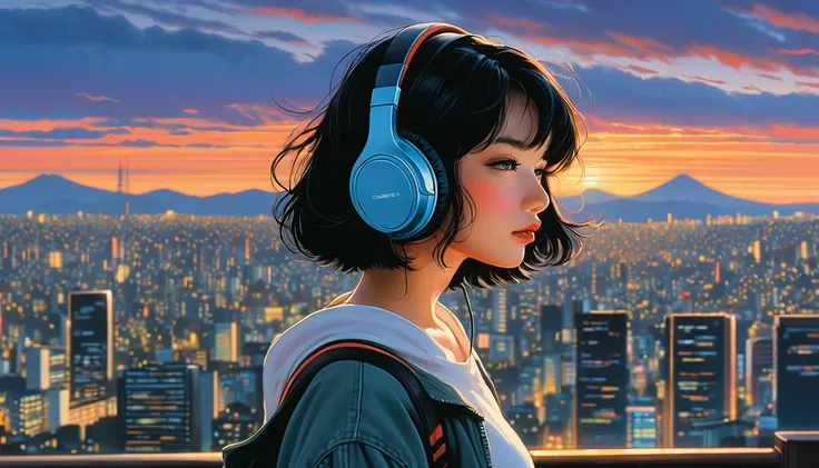 Detailed and detailed depiction, cel style, vivid details, retro anime, 90s anime, VHS picture quality, moody lighting, sunset view of the city of Tokyo, girl wears headphones, eyes closed, beautiful black hair with short hair