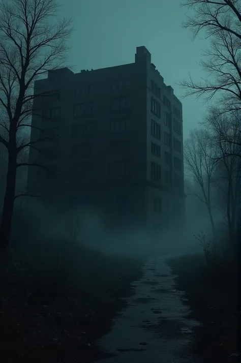 dark, abandoned school building at night, with eerie silence and a hint of fog outside."