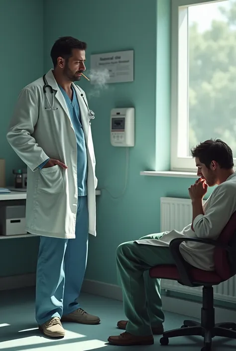 (photorealism:1.2), Create a realistic image of a surgeon standing next to a patient in pain. The surgeon, dressed in a white lab coat, is casually smoking a cigarette, with a relaxed posture, while the patient, sitting in a chair, is visibly in pain, hold...