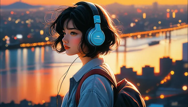 Detailed and detailed depiction, cel style, vivid details, retro anime, 90s anime, VHS picture quality, moody lighting, sunset view of the city of Tokyo, girl wears headphones, eyes closed, beautiful black hair with short hair