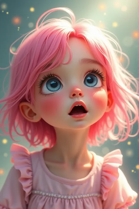 A cute girl with pink hair is amazed