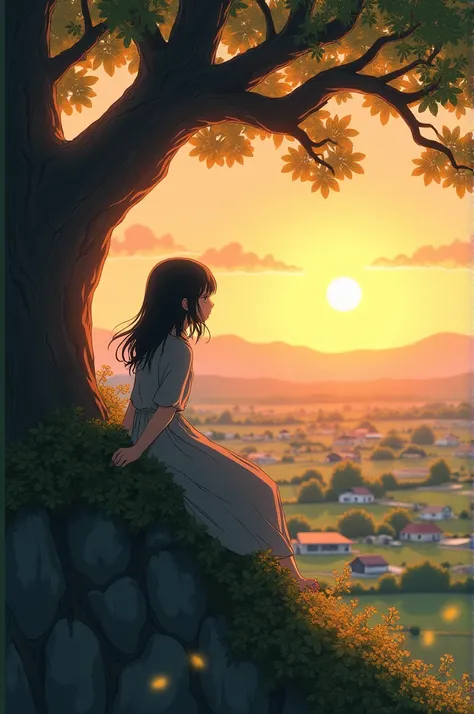 A black-haired girl partially lays down on a large tree looking at a farm that was not too far away.. She is on top of a small mountain watching the sunset.