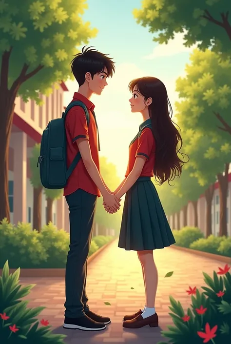 make me a cover for a short story of a high school girl holding hands with a boy wearing Indonesian school uniforms with a school background and all body parts 