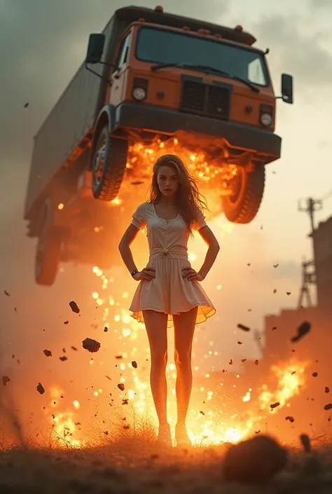 Materialized astral body of a sexy teenage girl with her hands on her hips takes many direct hits from cannons exploding all over her astral body and many machine guns aiming and firing bullets at her while she lifts a gigantic truck over her head with one...