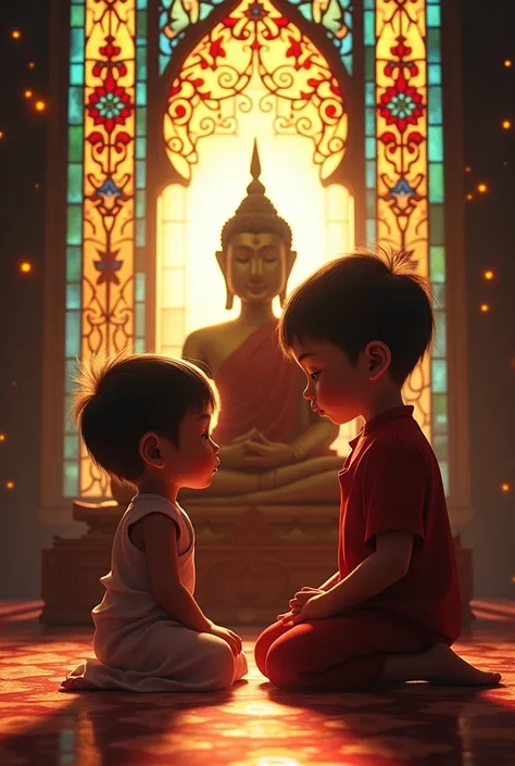 Digital photograph of an 1 Thai child facing sideways, kneeling in front of a Buddha statue and looking at it, then bowing his head to show respect or pray. The Buddha image has a halo of light emitting from behind his head creating an aura. They are dress...