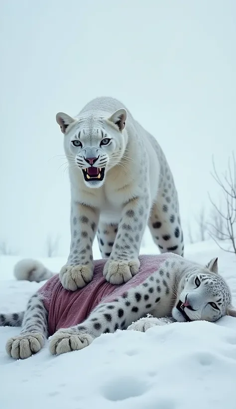 There is snow all around. An Asian White Persian Leopard has killed a leopard and is climbing on top of it and screaming.image in real hd.