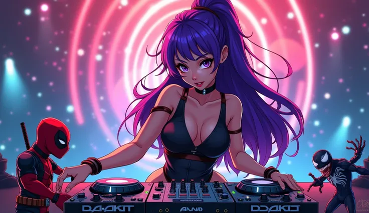 Create a vibrant anime-style illustration featuring a beautiful female character with striking purple hair. She should be positioned behind a DJ table, fully immersed in her music. Nearby, include two mini characters in an action-packed scene: one resembli...