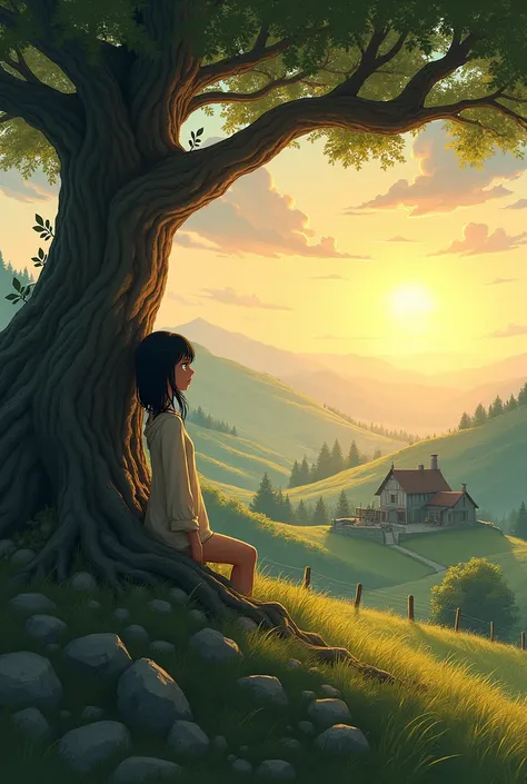 A girl with black hair leaned against a large tree looking at an isolated farm that was not too far away.. She is on top of a small mountain watching the sunset, everything realistic.