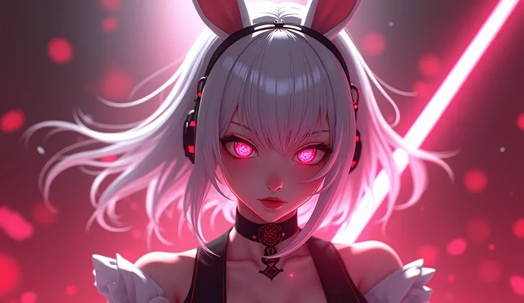 anime girl, white hair, white bunny ears, pink eyes, and pink fighting with a pink sword and angry all covered in blood maid outfit with huge busts, high quality, (RAW photo, best quality), (realistic, photorealistic: 1.4), (extremely delicate and beautifu...