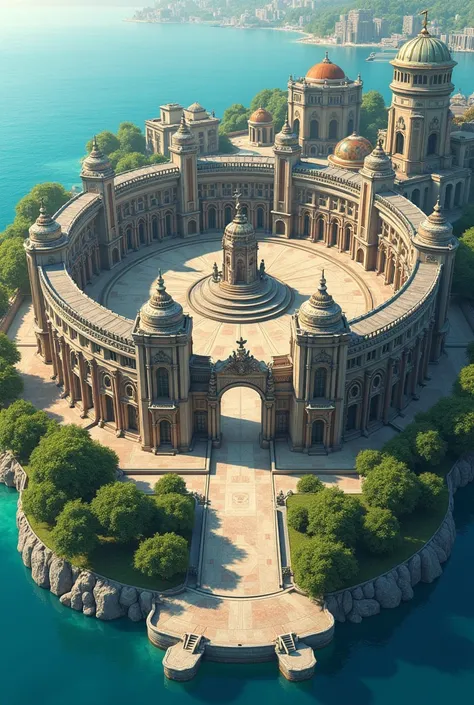 A round city with interbelic architecture located on an island and ad some statues 
And a ghate 