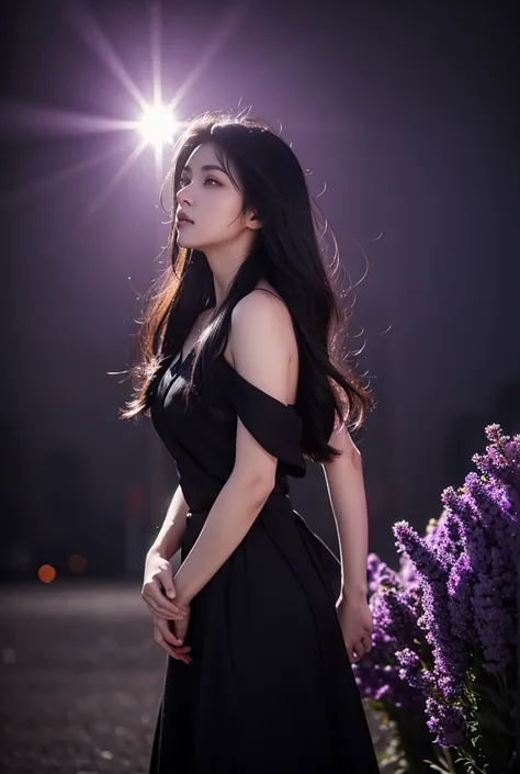 One girl, solo, chest, Black Hair, Purple eyes, Backlight, masterpiece, Highest quality, Full body portrait