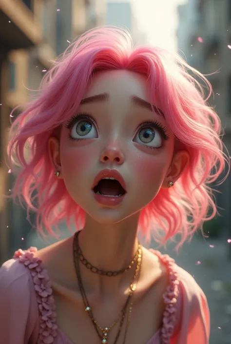 A cute grown upgirl with pink hair is amazed