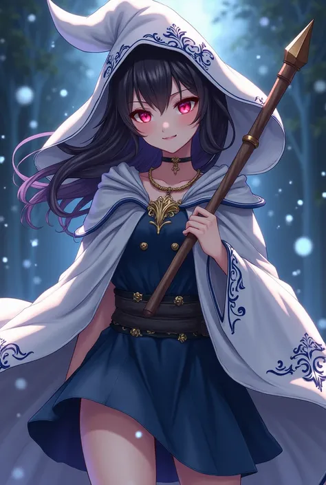 Woman of average height, ruby red eyes, dark brown wavy hair, She wears a white witch&#39;s cloak with dark navy blue details., has a wooden staff, her skin color is brunette in anime style