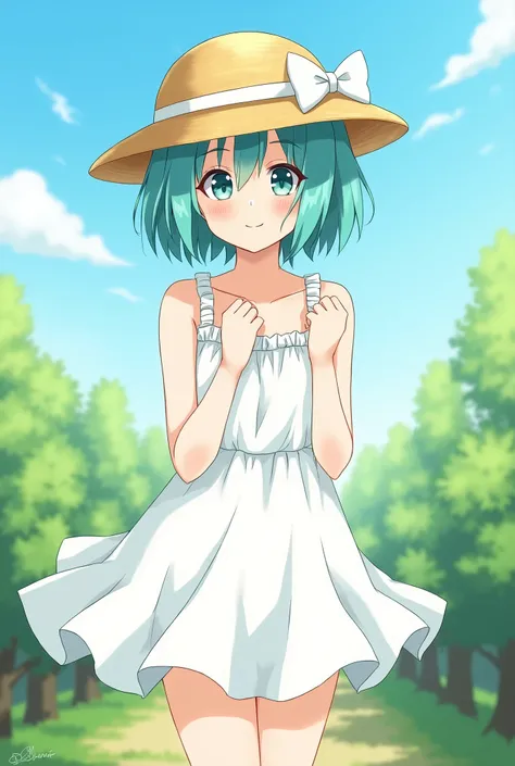 Hatsune Miku、short hair、Straight Hair、Show the whole body、Straw hat、White dress、2D