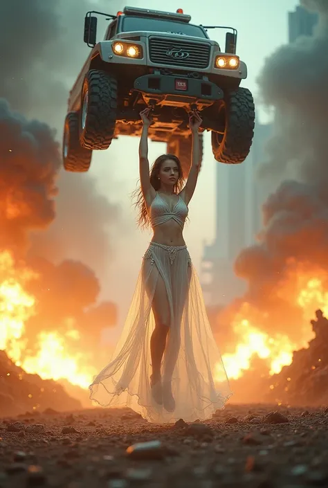 Materialized astral body of a sexy teenage girl with her hands on her hips takes many direct hits from cannons exploding all over her astral body and many machine guns aiming and firing bullets at her as she lifts a gigantic truck over her head with one ha...