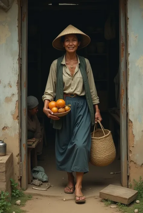 create a picture of the wife when entering the house in the simple work of the wife picked up, the work in the year of poverty but of Vietnam is even simpler