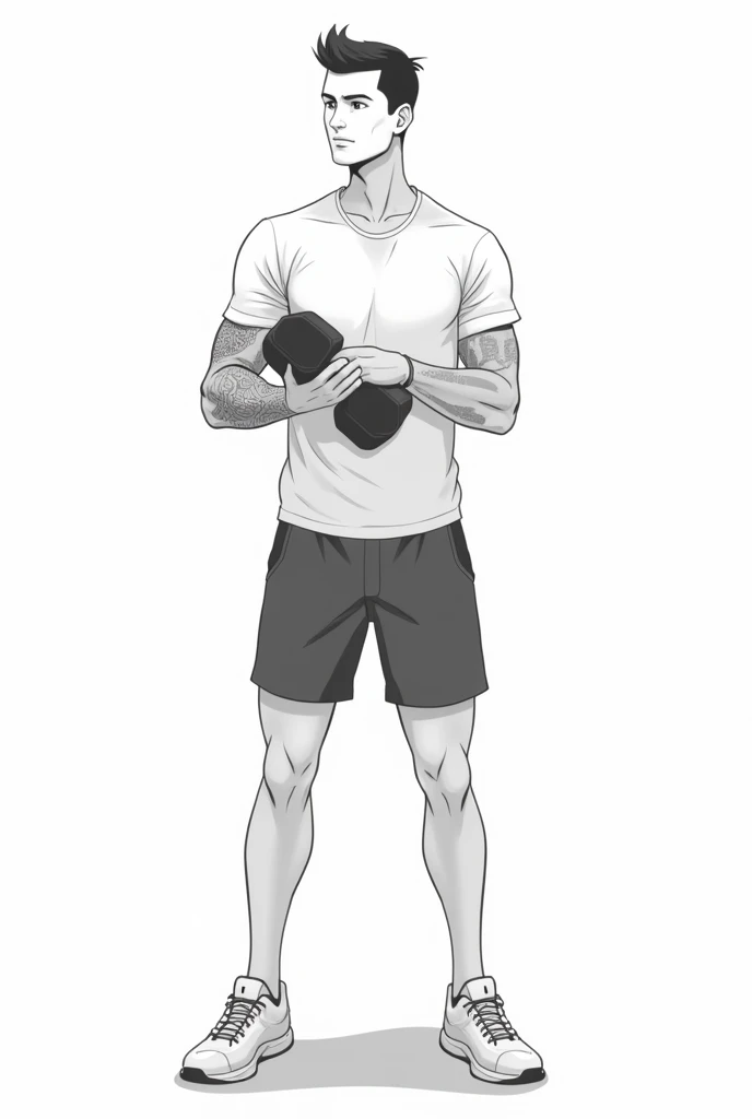 male people　34 years　Brazilian human　shorth hair　Male Slim Clothes Sorts Style and Shirt　training academy　standing　Dumbbells have a tattoo on their arms black and white anime drawing white background

