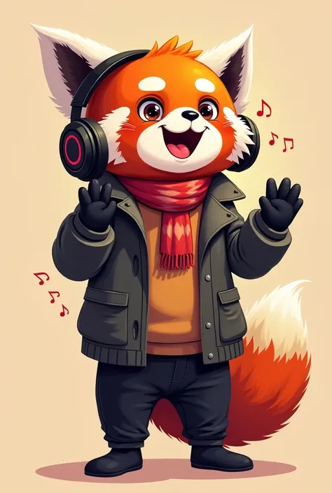 I want to make a mascot for a musical performance, you can make me a red panda animation mascot listening to music using headphones (standing position) (wearing clothes) (no background) (full body) (2D) (With an expression)