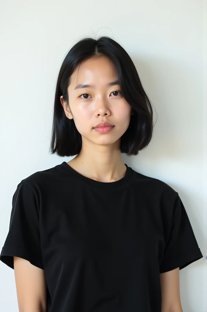 short straight hair, black t-shirt, minimal accessories, natural skin tone, even lighting, white background, studio shot, front view, sharp focus.