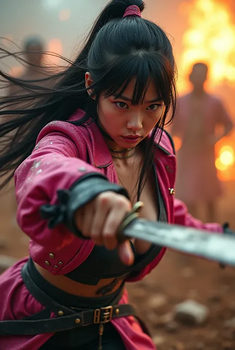 real live photo, Intense combat full body creative angle moving dynamic of  a pretty Asian girl 20yo, long black hair bang wear a pink - black pirate captain costume, strong muscles,dynami action pose, using swing a pirate sword to hit with a skeleton pira...