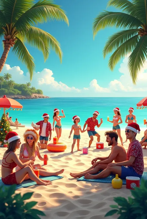 Create an image of people spending Christmas on a beach